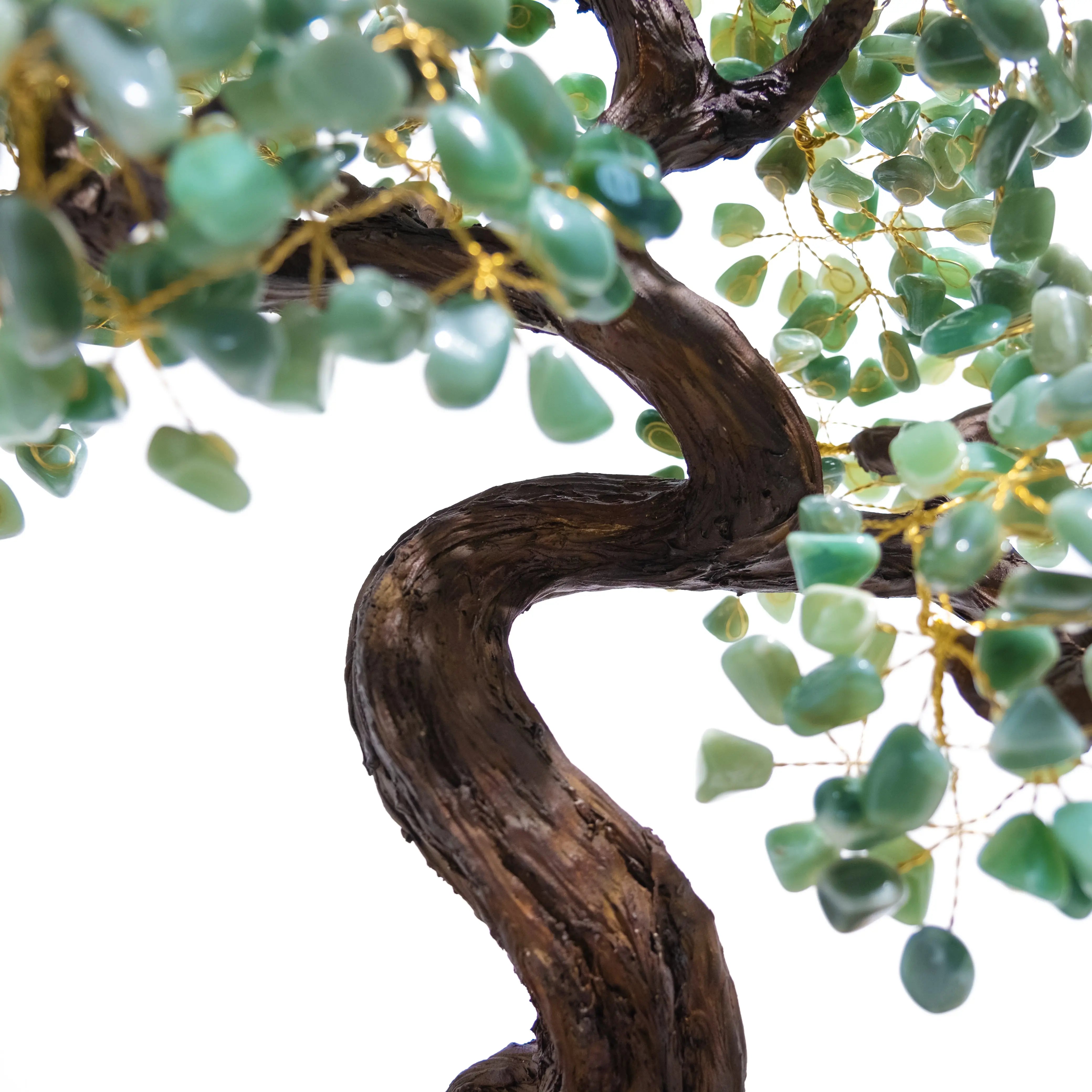 Close-up of handcrafted Aventurine Crystal Bonsai Tree with green tumbled stones, symbolizing prosperity and positive energy.