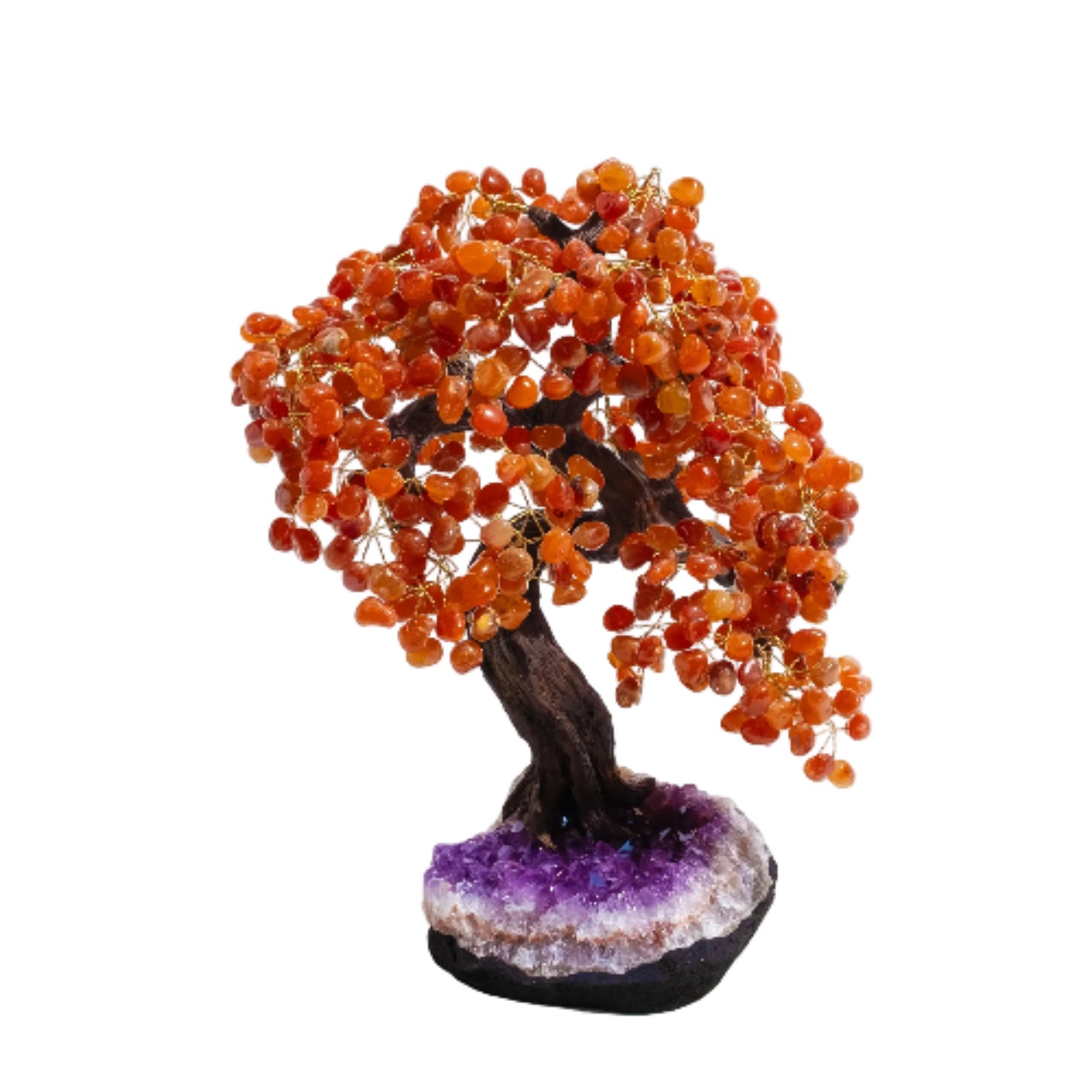 Tumbled Carnelian Bonsai Tree 65cm on amethyst base; enhances confidence, creativity, and positive energy, ideal for home or office decor.