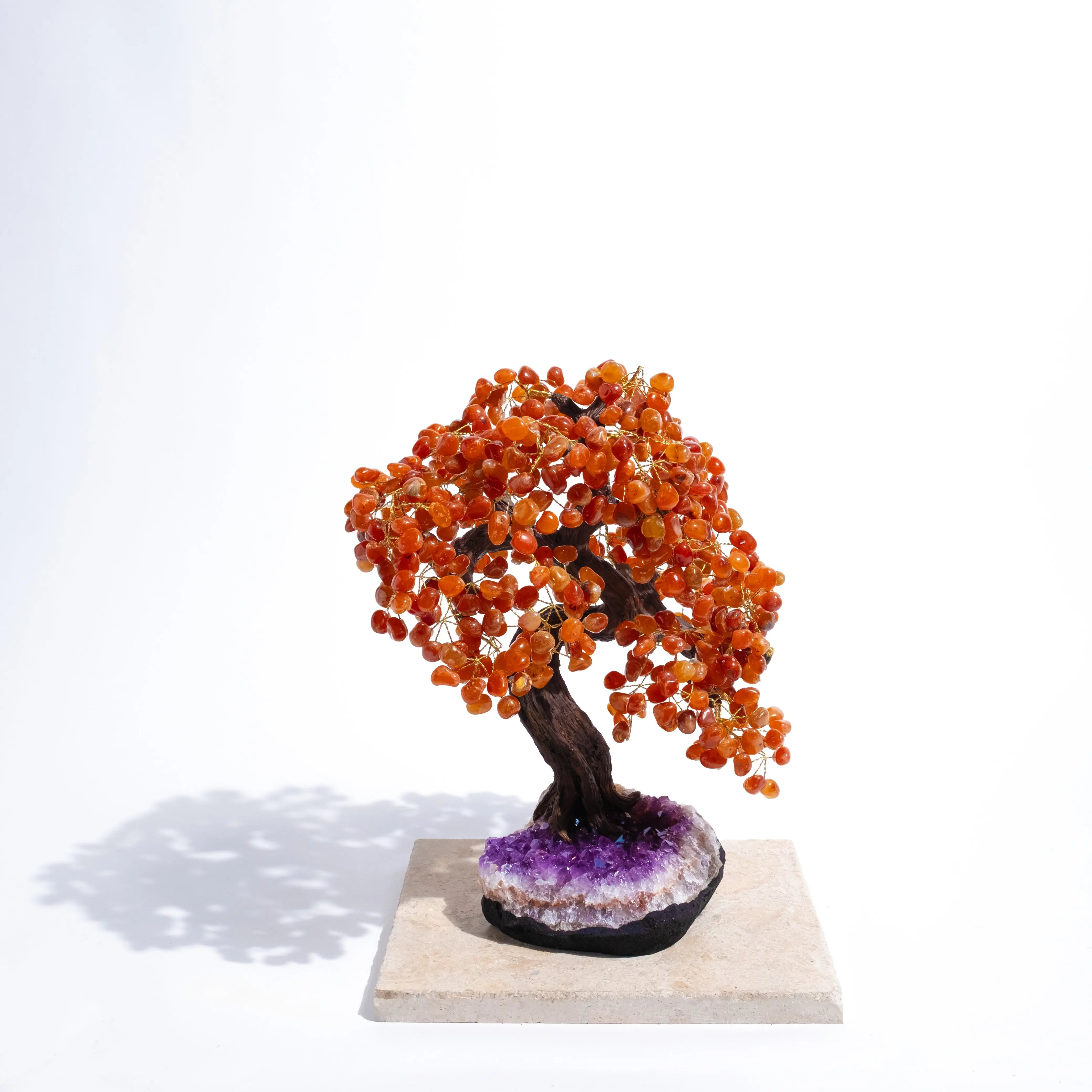 Tumbled Carnelian Bonsai Tree 65cm on amethyst base; enhances confidence, creativity, and positive energy, ideal for home or office decor.