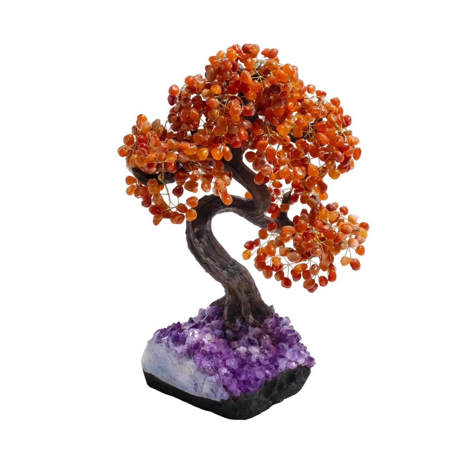 Handcrafted 65cm Tumbled Carnelian Bonsai Tree with vibrant gemstones, promoting confidence and creativity, on a white background.