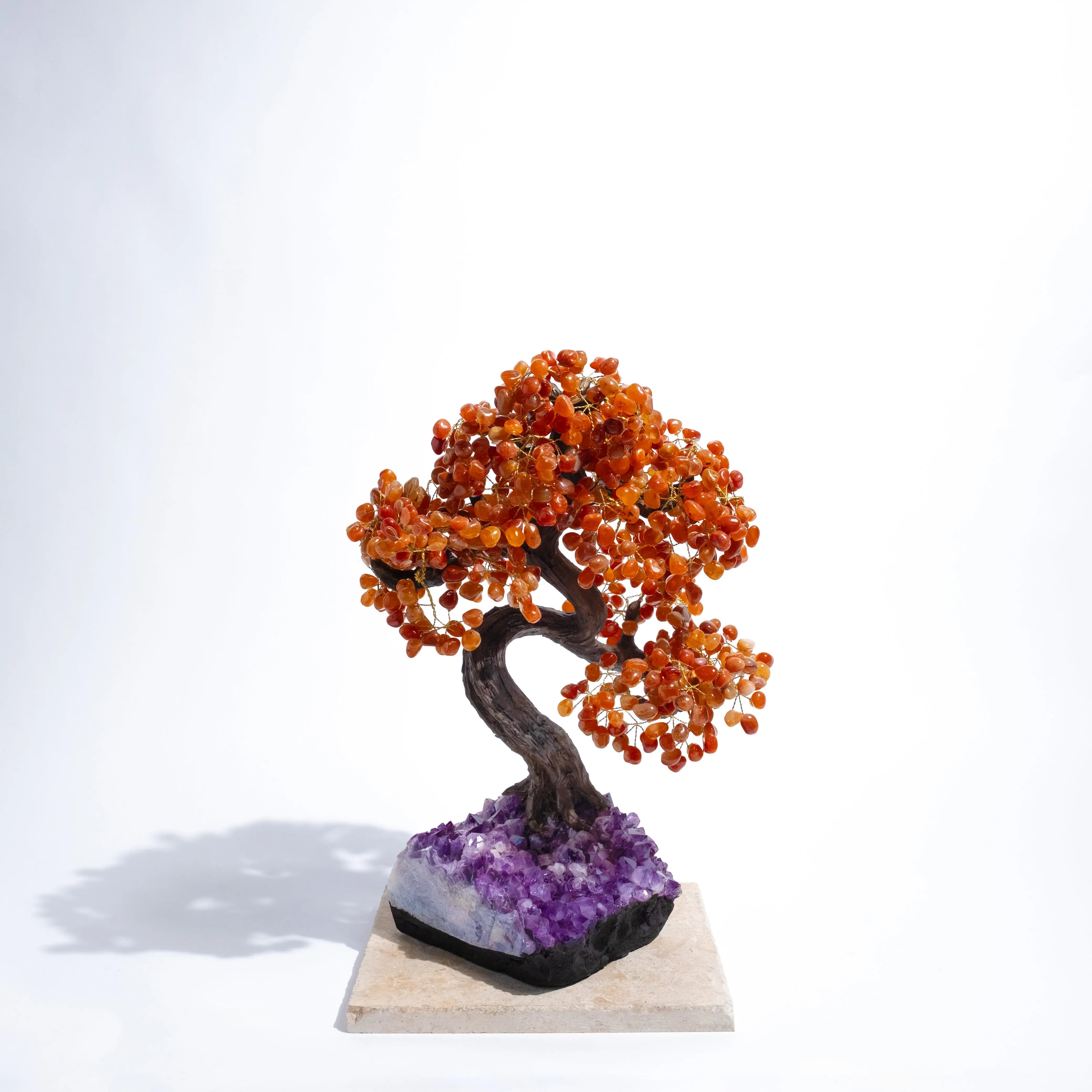 Handcrafted 65cm Tumbled Carnelian Bonsai Tree with vibrant gemstones, promoting confidence and creativity, on a white background.