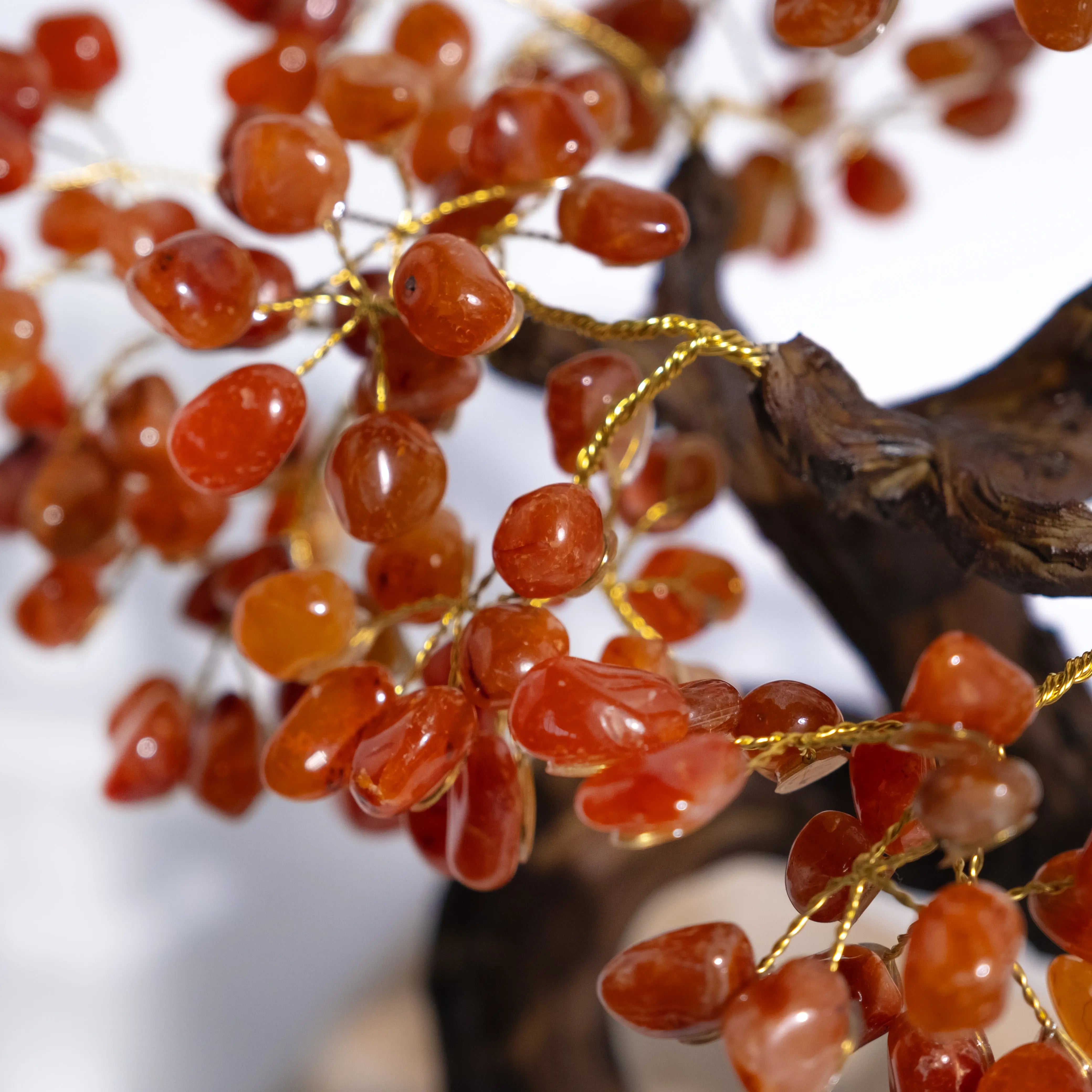Close-up of Tumbled Carnelian Bonsai Tree with polished gemstones radiating warmth, vitality, and creativity.