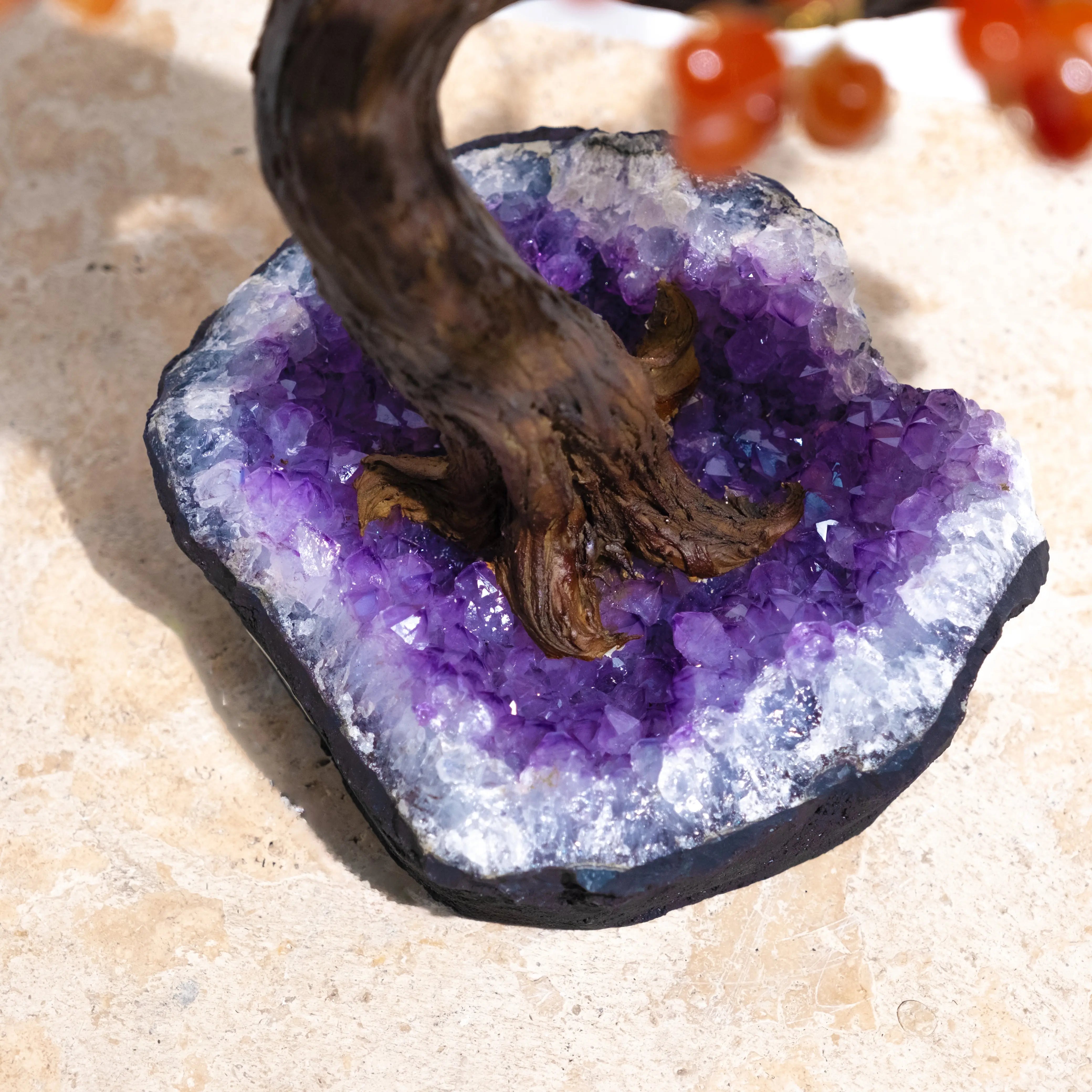 Close-up of tumbled carnelian bonsai tree on amethyst base, showcasing polished carnelian stones for positive energy and creativity.