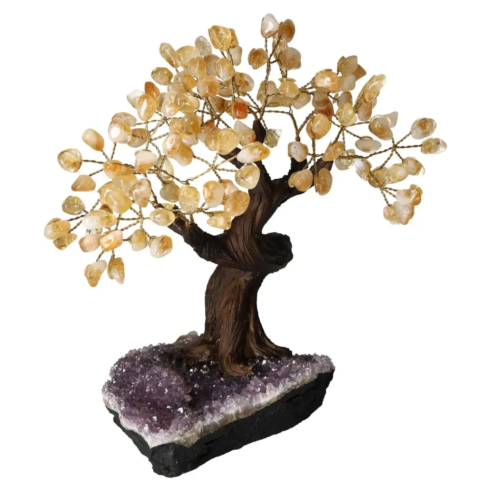 Citrine Crystal Bonsai Tree on amethyst base, symbolizing prosperity and positive energy, featuring tumbled citrine gemstones.
