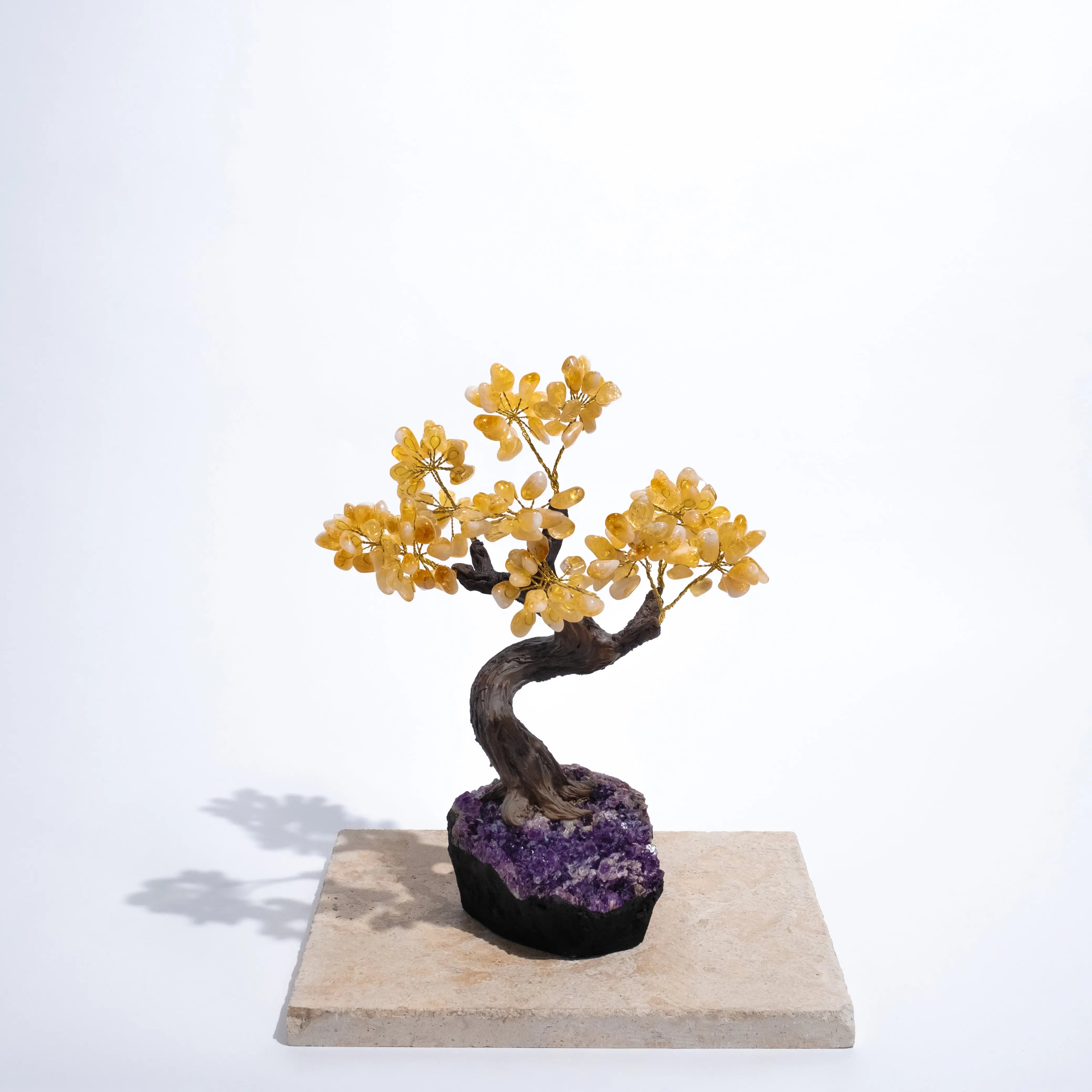 Tumbled Citrine Crystal Bonsai Tree, 40cm, symbolizing prosperity, abundance, and positive energy, on a stone base.