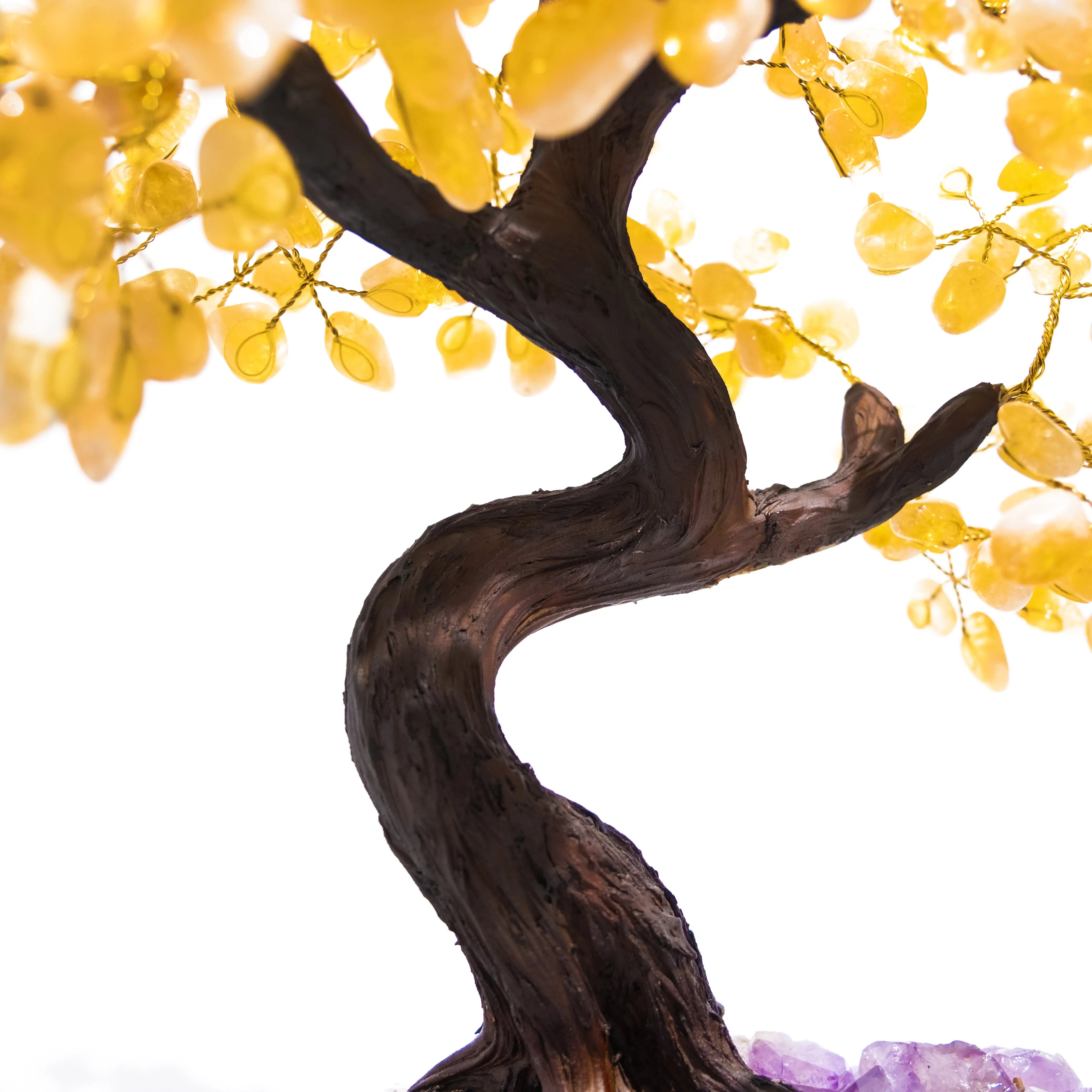 Citrine Crystal Bonsai Tree with golden gemstones on a twisted trunk, symbolizing prosperity and positive energy.