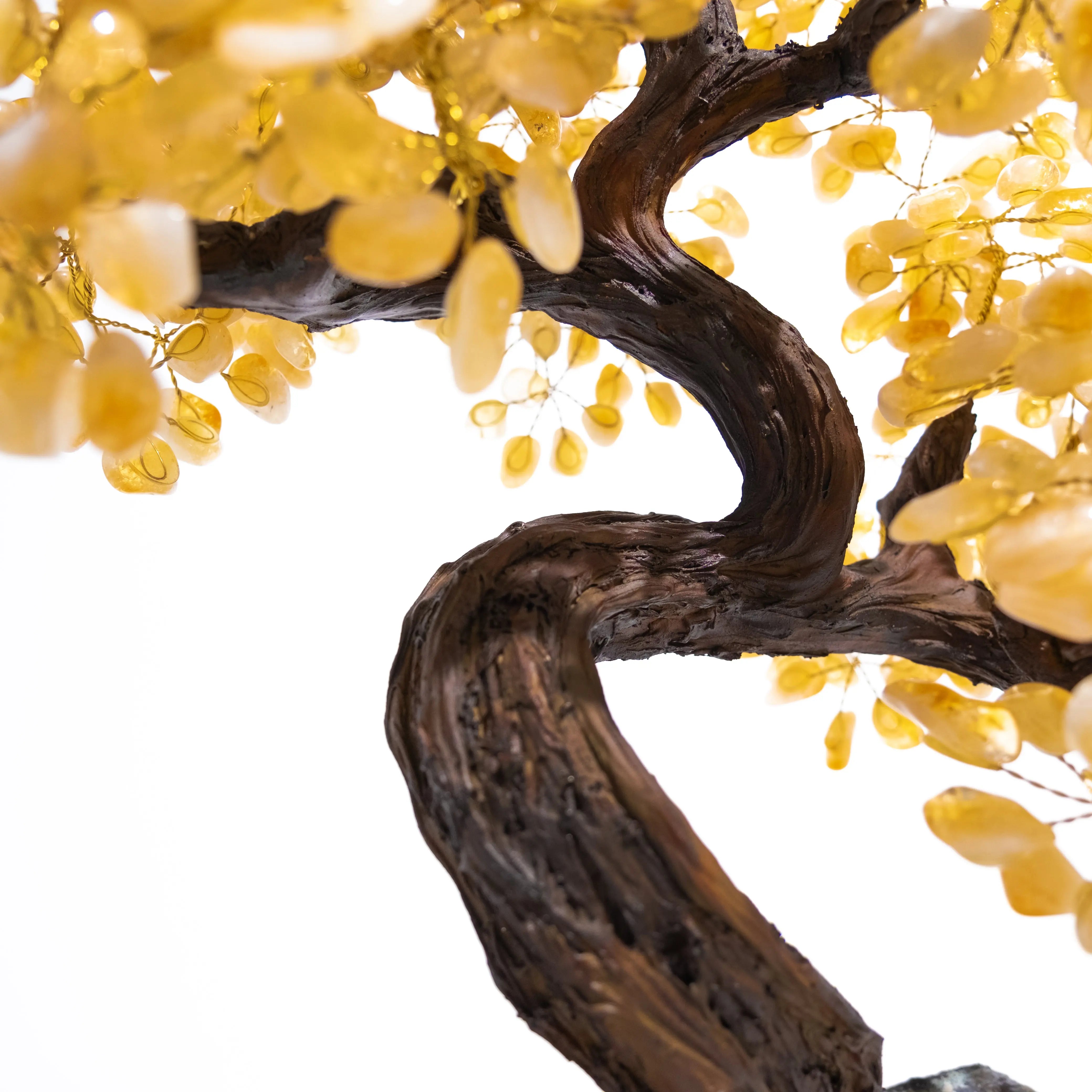 Close-up of a handcrafted Citrine Crystal Bonsai Tree with genuine citrine gemstones, symbolizing prosperity and positive energy.