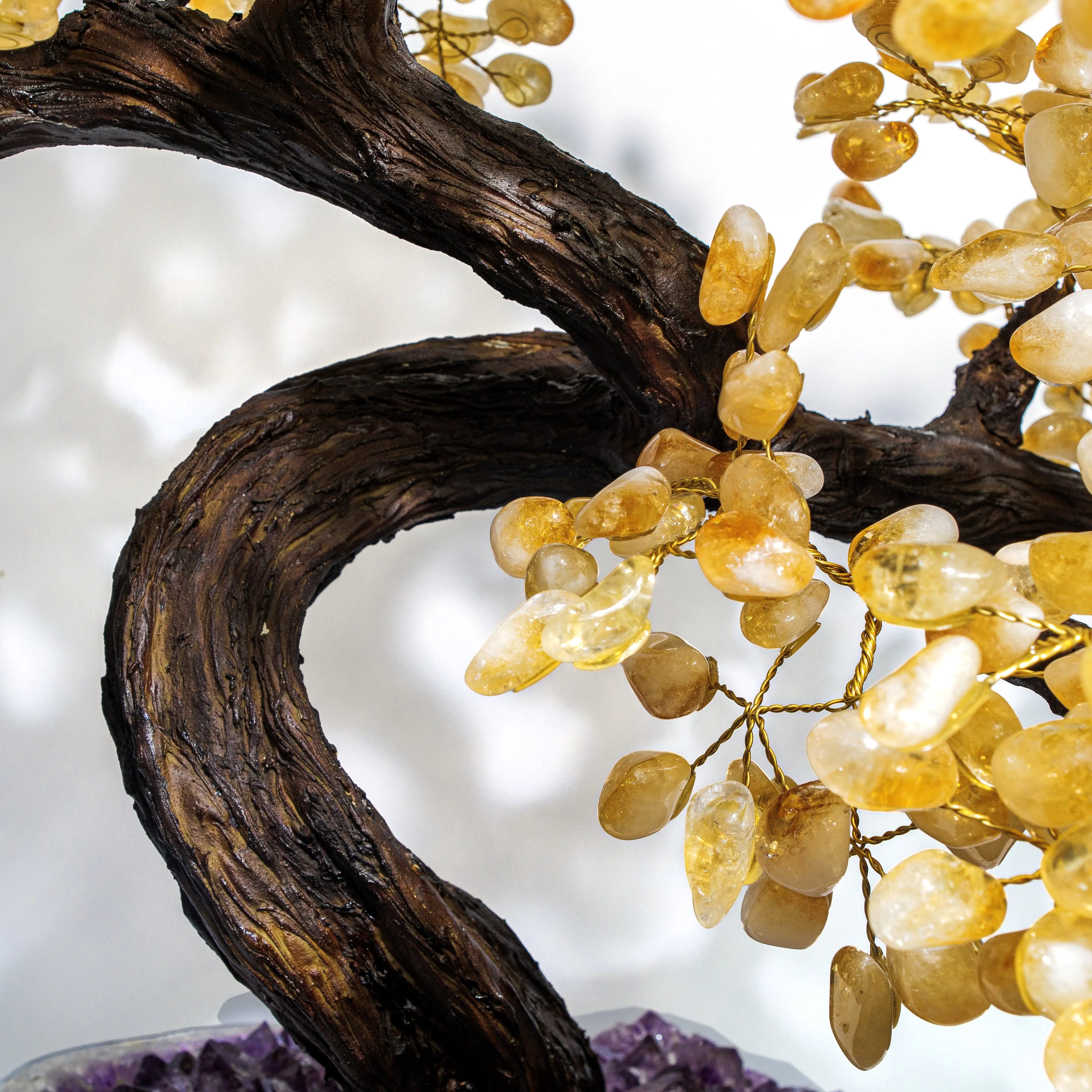 Close-up of handcrafted Tumbled Citrine Crystal Bonsai Tree featuring genuine gemstones for prosperity and positive energy.
