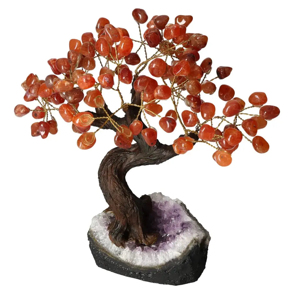 Tumbled Carnelian Bonsai Tree with polished gemstones on an amethyst base, symbolizing creativity, confidence, and positive energy.