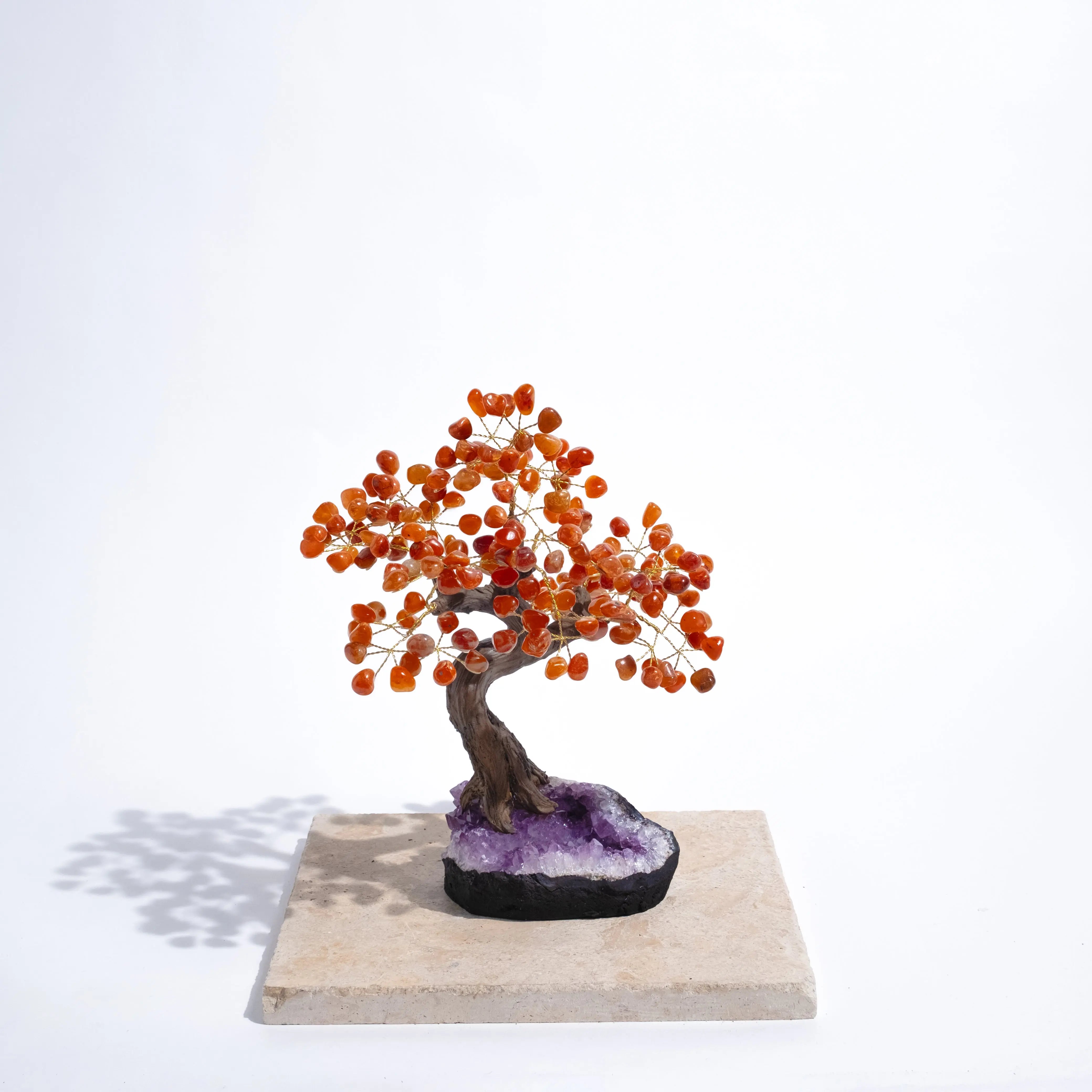 Tumbled Carnelian Bonsai Tree on Amethyst Base, Enhancing Creativity and Positive Energy in Home or Office Décor