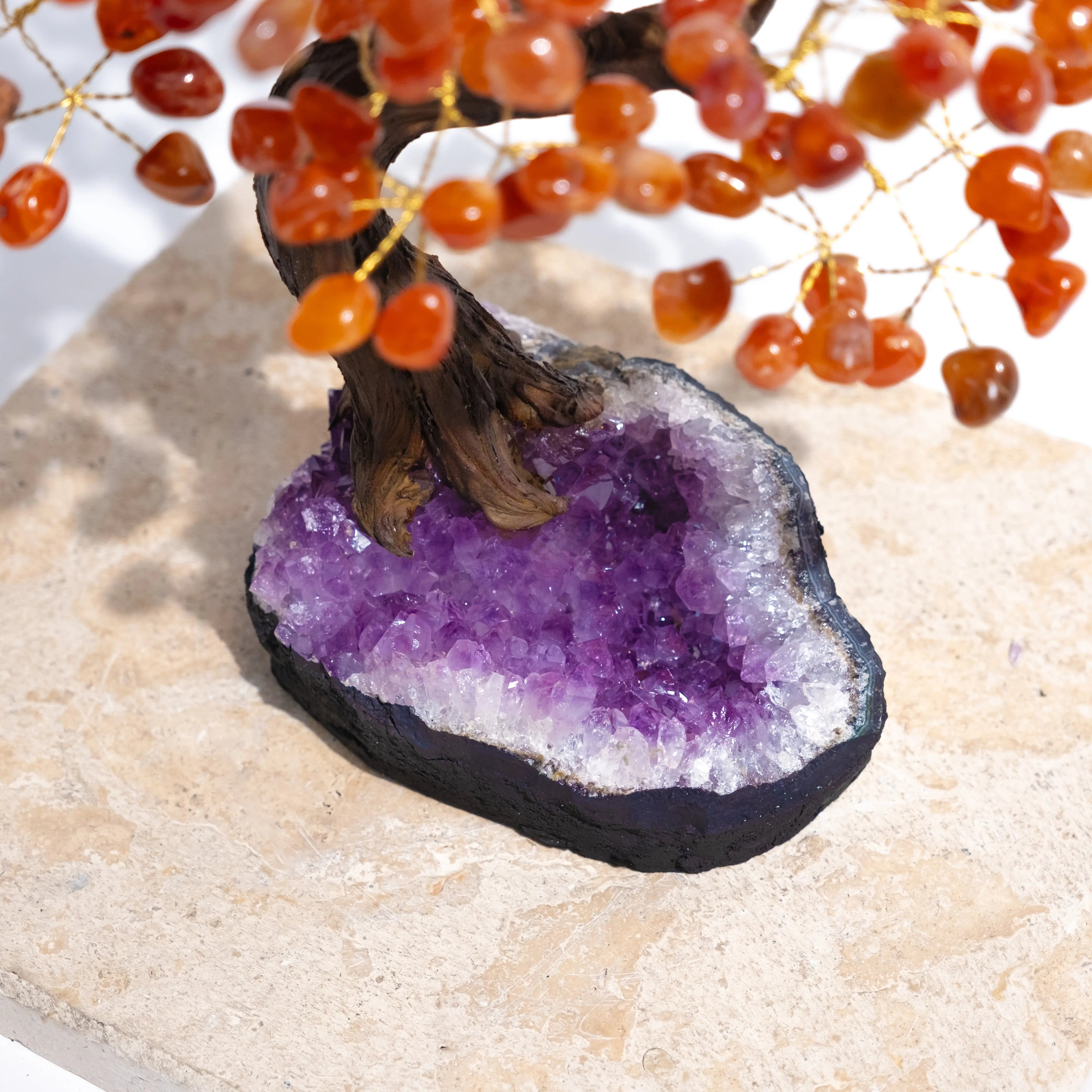 Tumbled Carnelian Bonsai Tree with polished gemstones and amethyst base, enhancing creativity and positive energy.