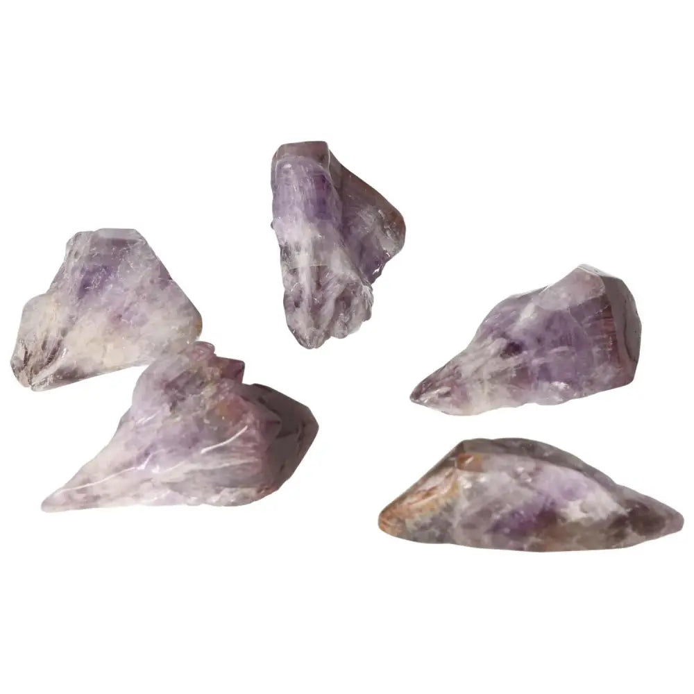 Five tumbled point amethyst stones from Sylvia Crystals for stress reduction and emotional stability.