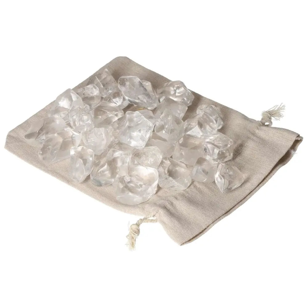 Tumbled Quartz Ice Cubes from Sylvia Crystals in a cloth bag, representing elegance and spirituality.