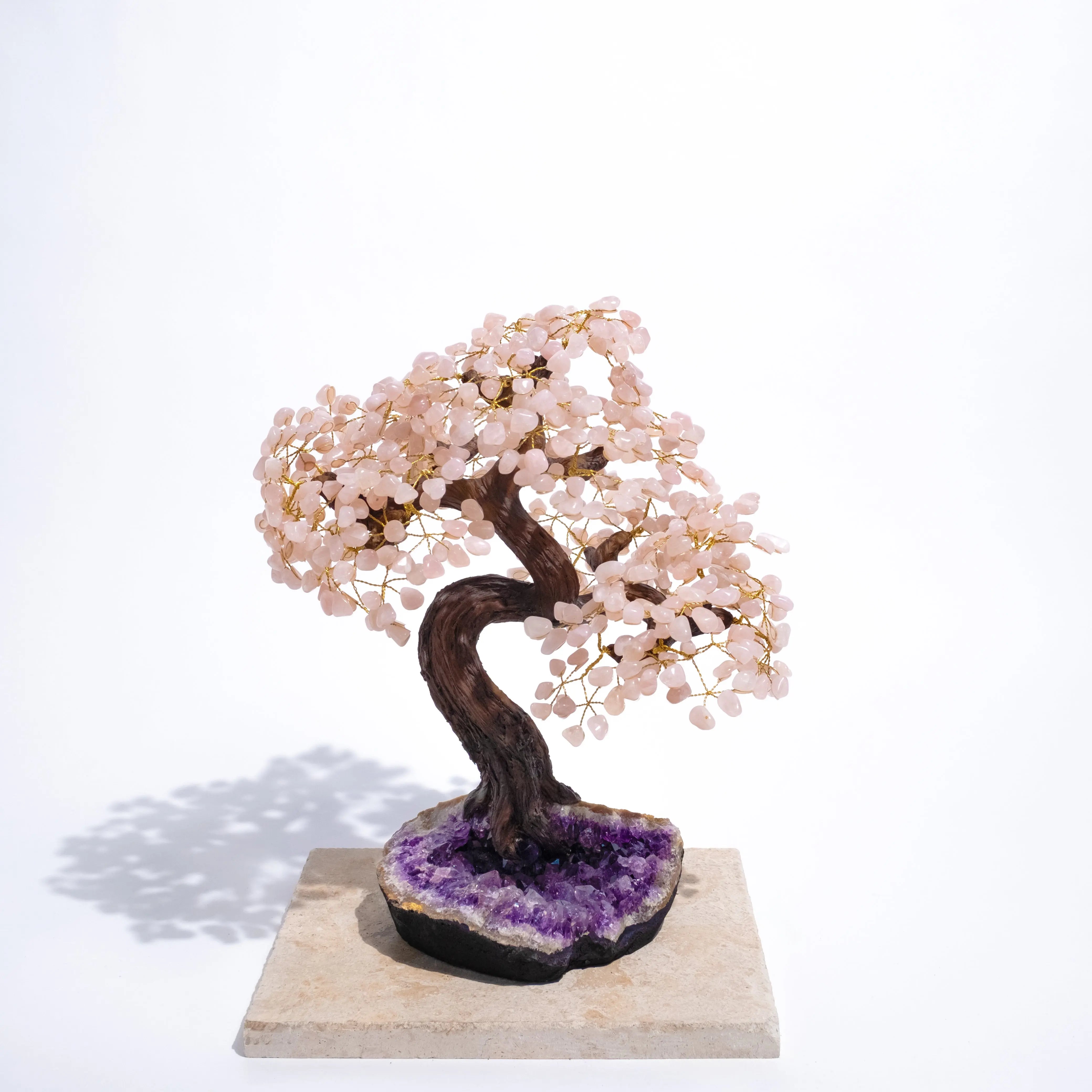 Tumbled Quartz Tree on Square Base, 55cm, Decorative Crystal Bonsai with Pink Gemstones and Purple Base for Positive Energy and Balance
