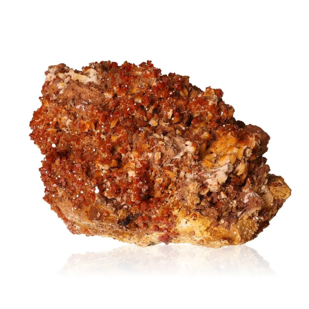 Vanadanite with Barite crystal showcasing vibrant red-orange hues and elegant formations, a premium piece from Sylvia Crystals.