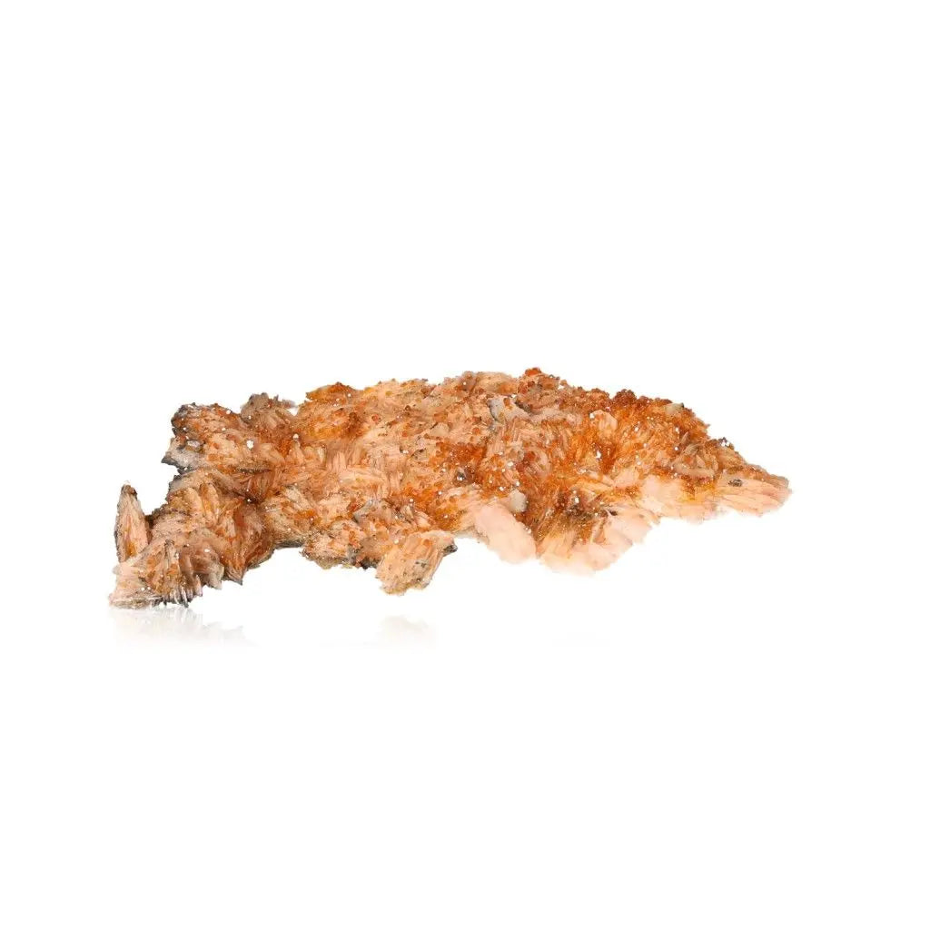 Vanadinite Baryte Druze mineral with vibrant red-orange hues on white background, known for enhancing focus and creativity.