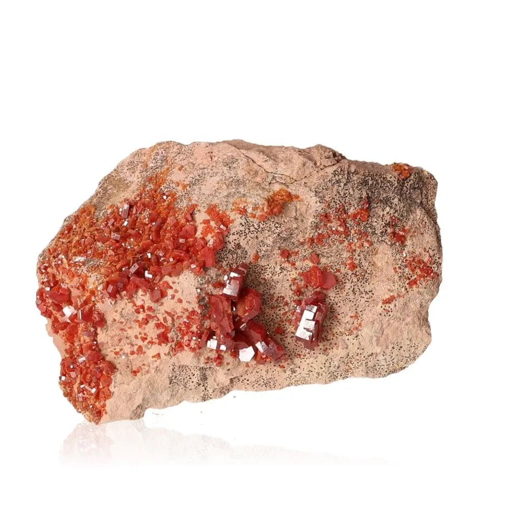 Vibrant red-orange Vanadinite Druze crystal formations, ideal for collectors seeking focus, creativity, and grounding energy.
