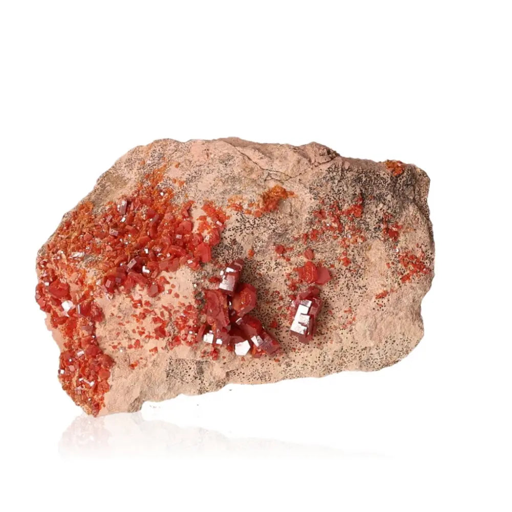 Vibrant Vanadinite Druze showcasing striking red-orange hues and intricate crystal formations, ideal for collectors and creatives.