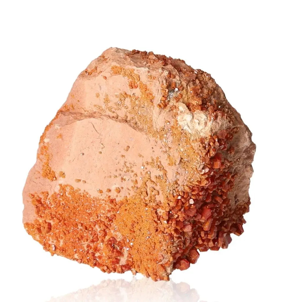 Vibrant Vanadinite Druze with fiery red-orange crystals, ideal for enhancing focus, creativity, and energy in collectors and creatives.