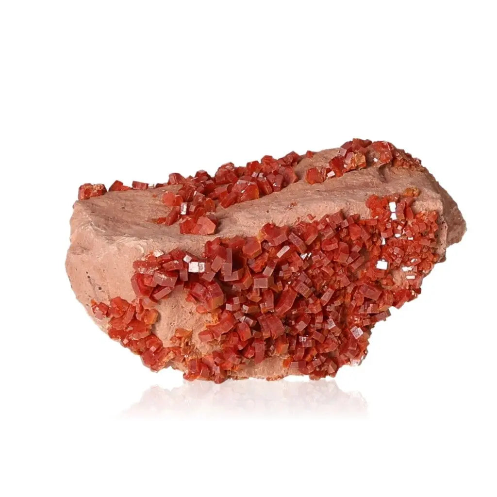 Vanadinite druze crystal cluster showcasing vibrant red-orange hues, ideal for enhancing focus and creativity. Perfect for collectors.