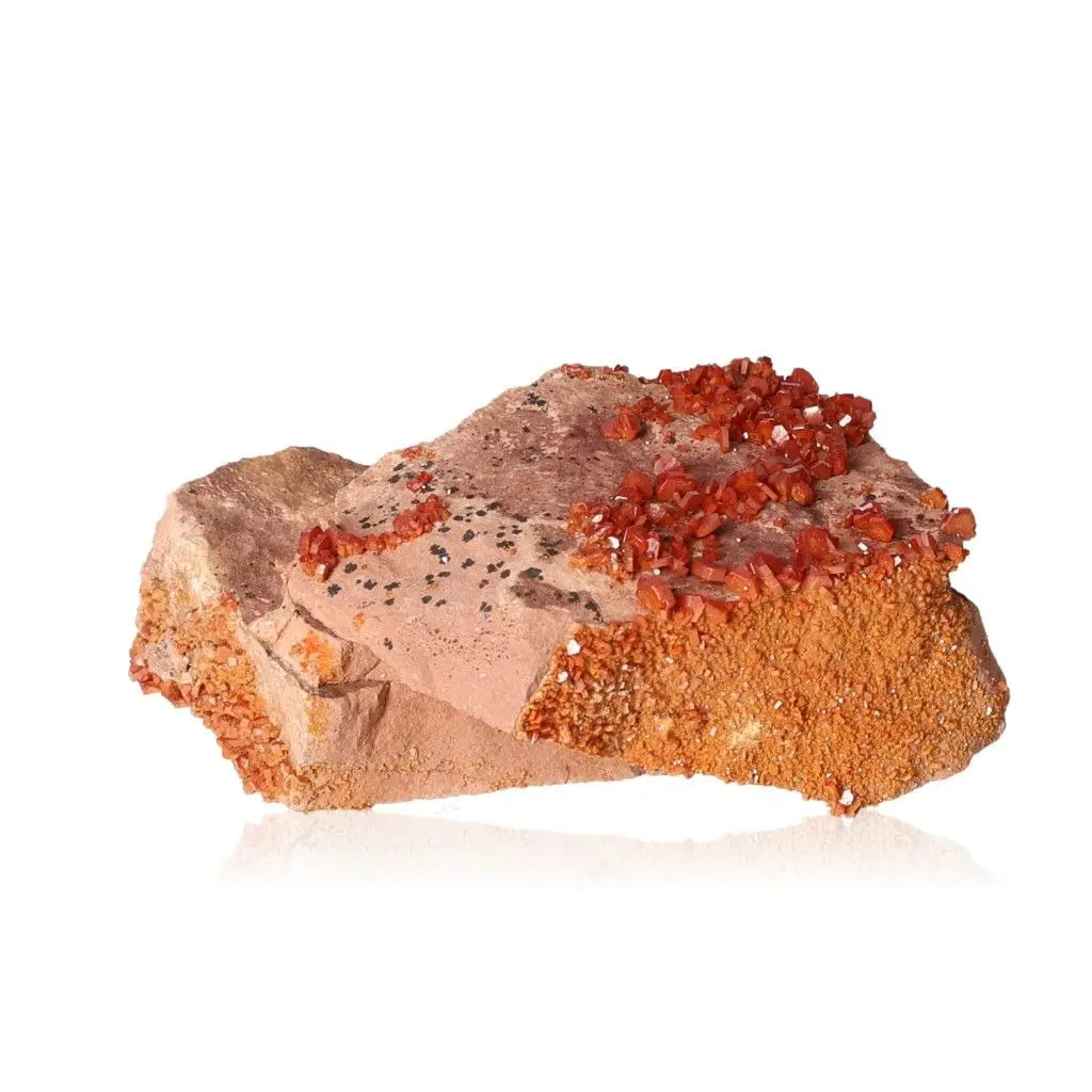 Vanadinite Druze showcasing vibrant red-orange hues and unique crystal formations, ideal for creativity and focus enhancement.