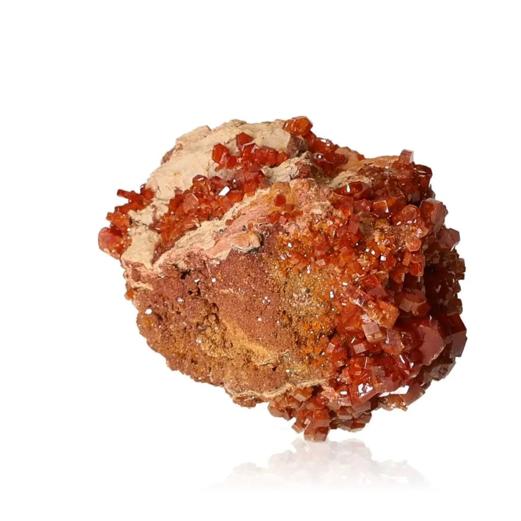 Vanadinite Druze mineral with vibrant red-orange crystals for focus and creativity, ideal for collectors and energy seekers.