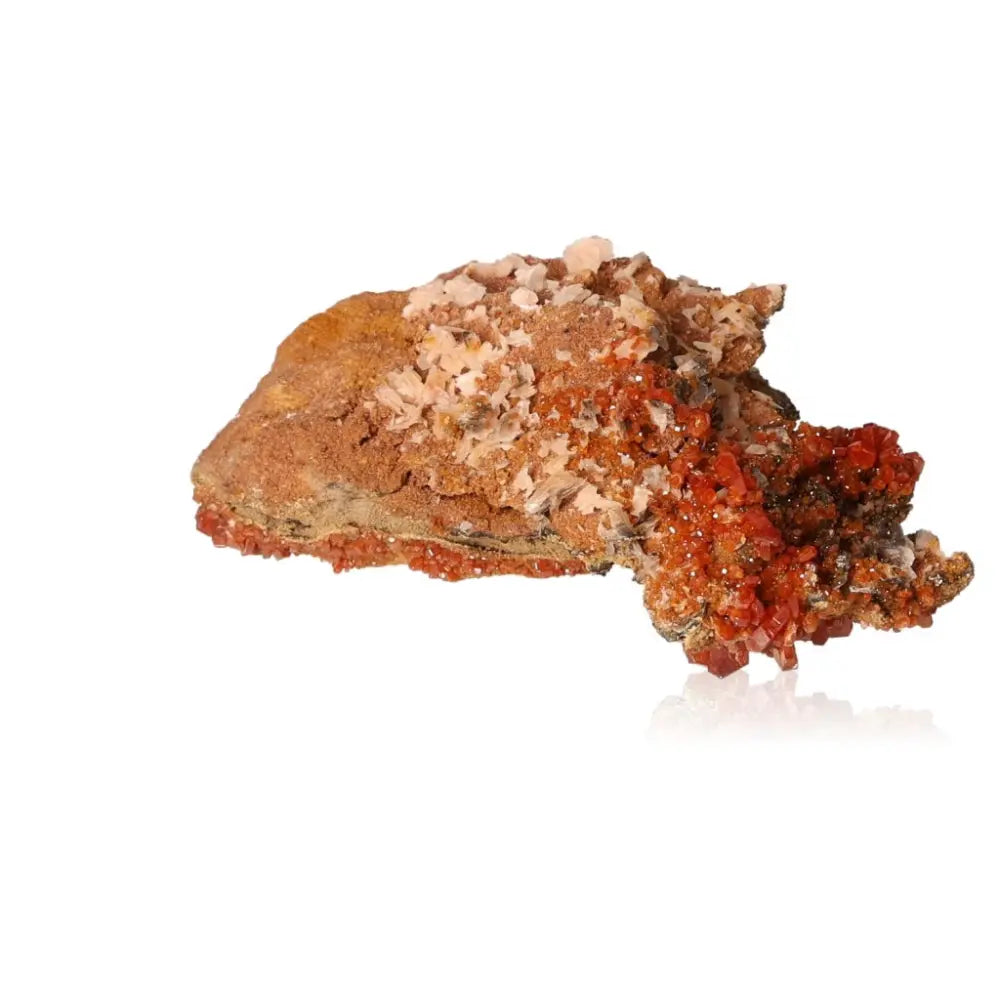 Vanadinite Druze mineral with vibrant red-orange crystals showcasing unique formations, ideal for enhancing focus and creativity.