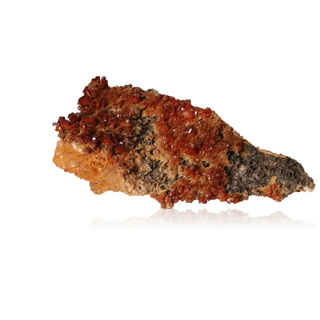 Vanadinite Druze mineral specimen with vibrant red-orange crystal formations, ideal for collectors and enhancing focus and creativity.