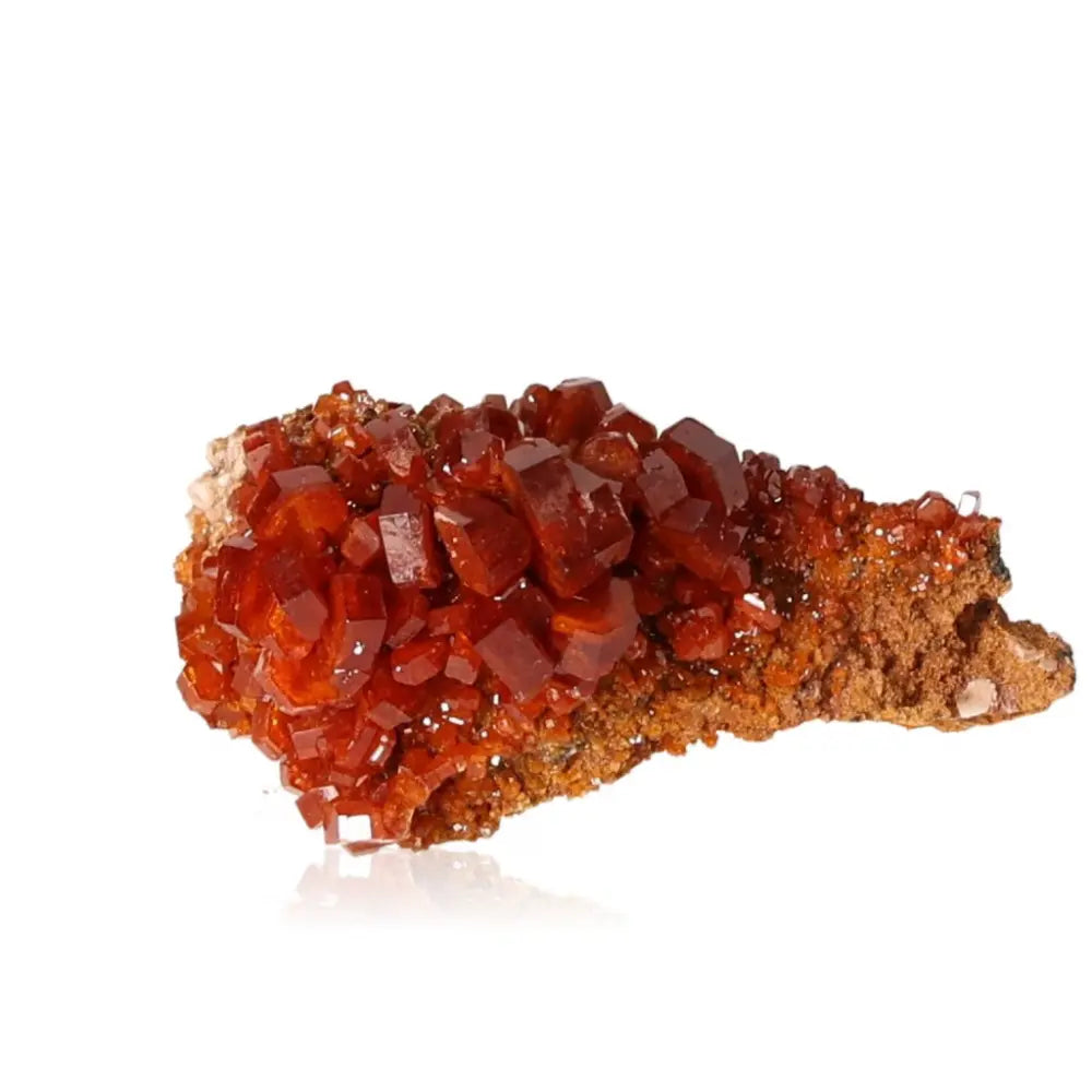 Vanadinite Druze mineral with vibrant red-orange crystals, known for focus and creativity, perfect for collectors and creatives.