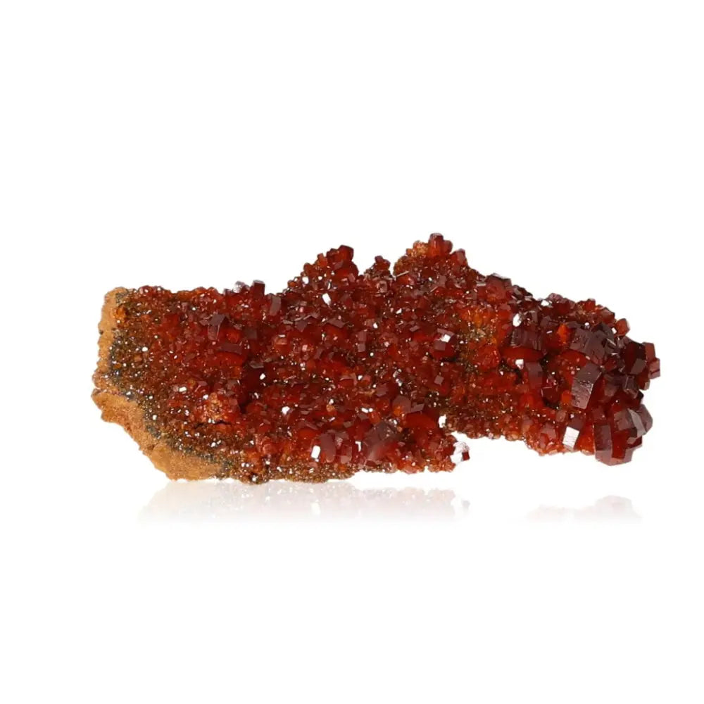 Red-orange Vanadinite Druze showcasing vibrant crystal formations, ideal for enhancing focus and creativity in collectors and creatives.