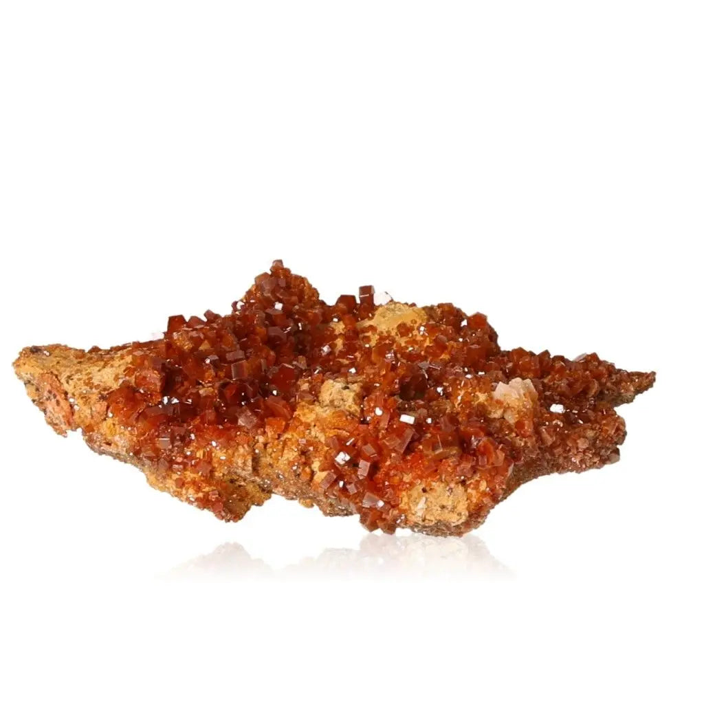 Vanadinite druzy crystal with vibrant red-orange hues, showcasing unique formations ideal for creativity and focus in mineral collections.