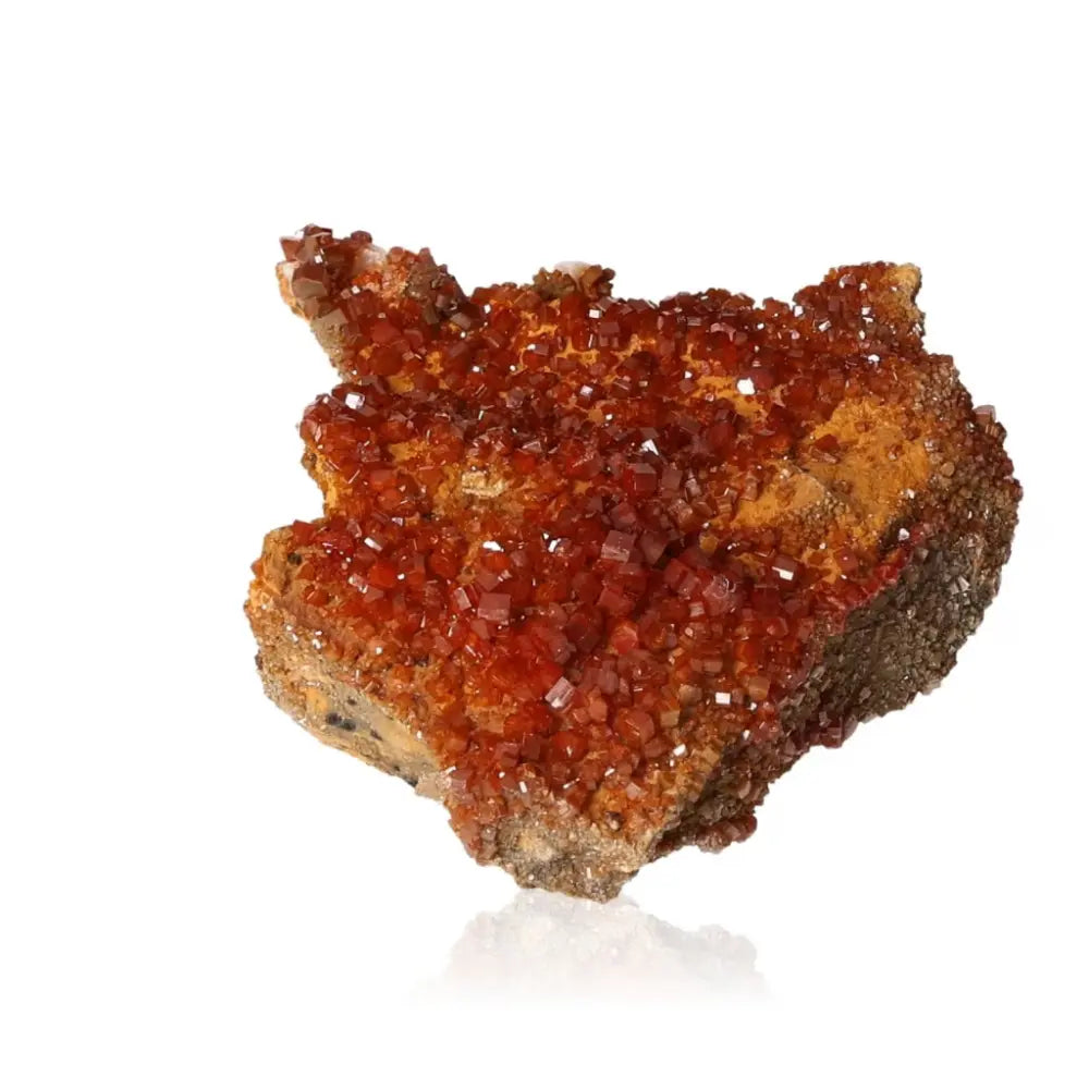 Vibrant red-orange Vanadinite Druze crystal cluster known for focus and creativity. Perfect for collectors and energy seekers.