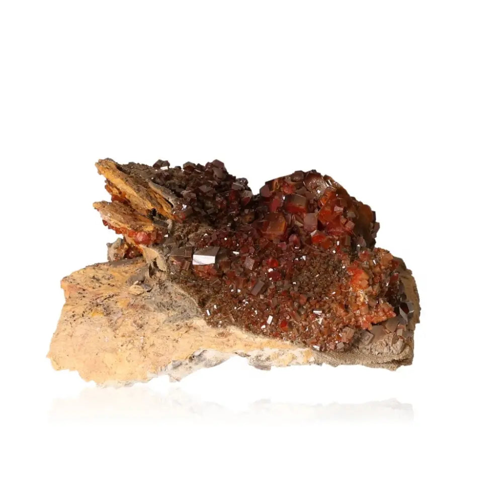 Vanadinite Druze mineral specimen with vibrant red-orange crystals and unique formations, enhances focus and creativity.