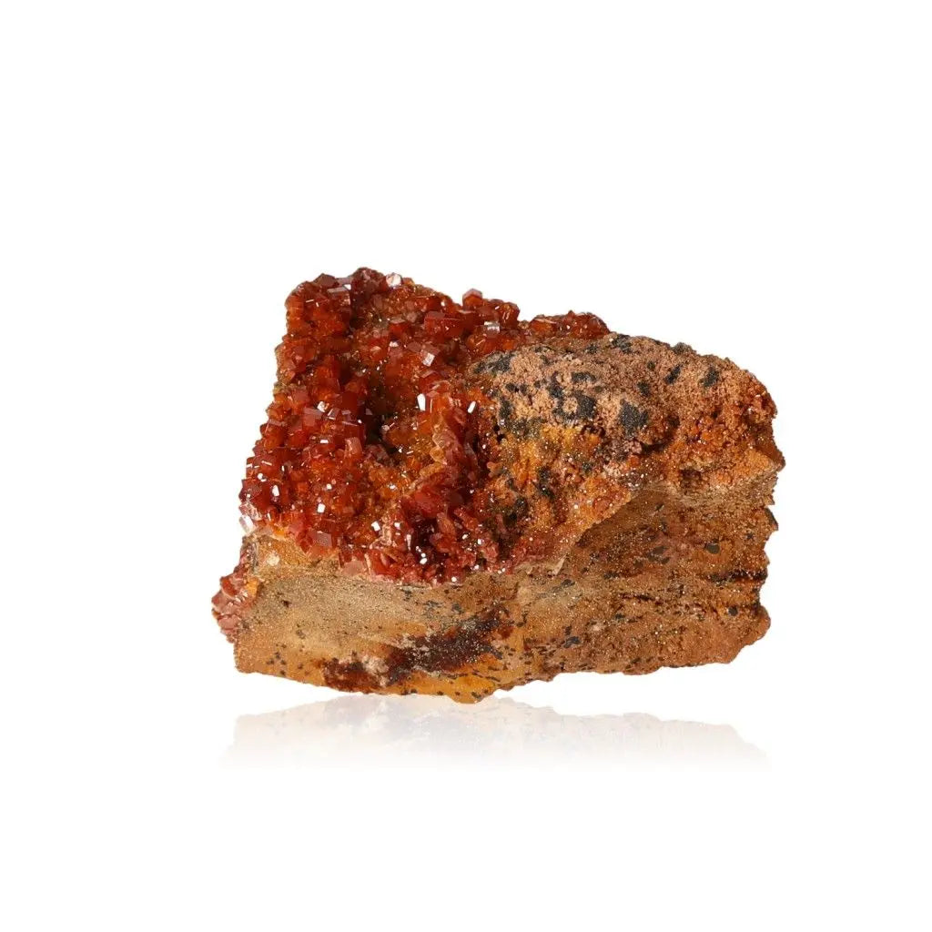 Vanadinite Druze mineral with vibrant red-orange crystals, known for enhancing focus and creativity. Ideal for collectors and creatives.