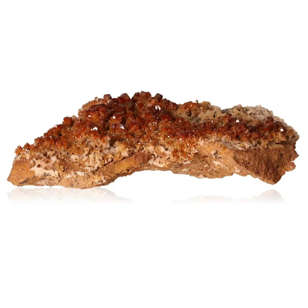 Vanadinite Druze mineral specimen with vibrant red-orange crystals, ideal for focus, creativity, and energy enhancement.