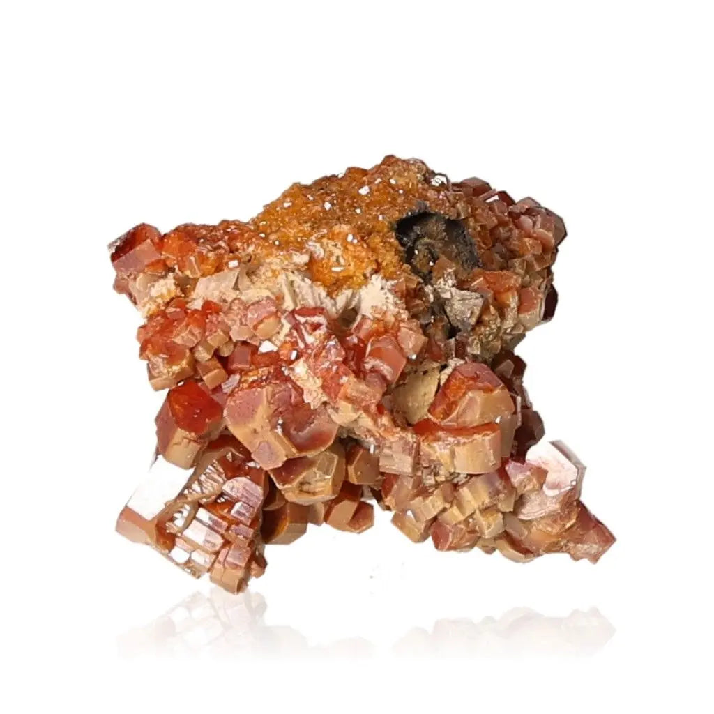 Vanadinite druzy crystal with vibrant red-orange hues for focus and creativity enhancement; perfect for collectors and energy seekers.