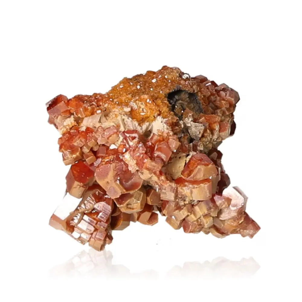 Vibrant red-orange Vanadinite druze mineral with unique crystal formations, ideal for collectors and enhancing focus and creativity.
