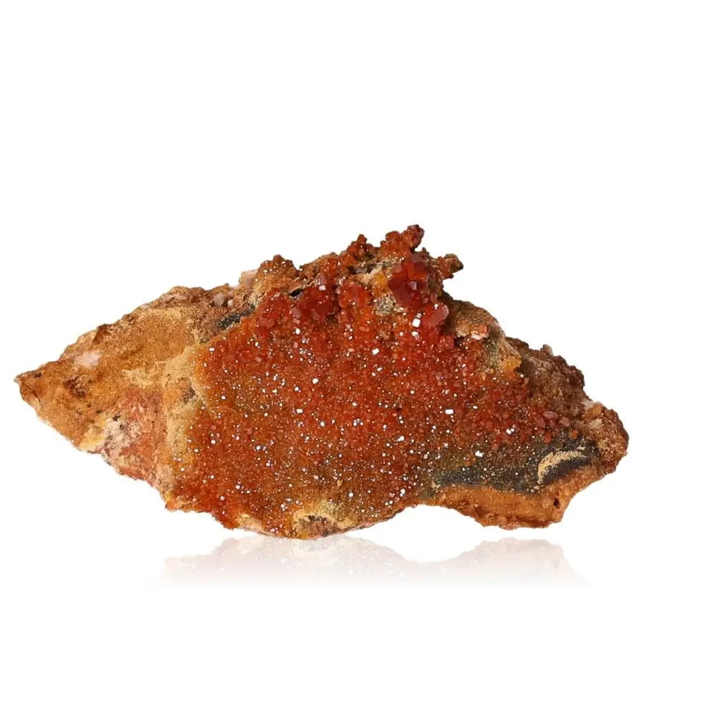 Vanadinite druze with vibrant red-orange hue, known for enhancing focus and creativity, ideal for collectors and creatives.