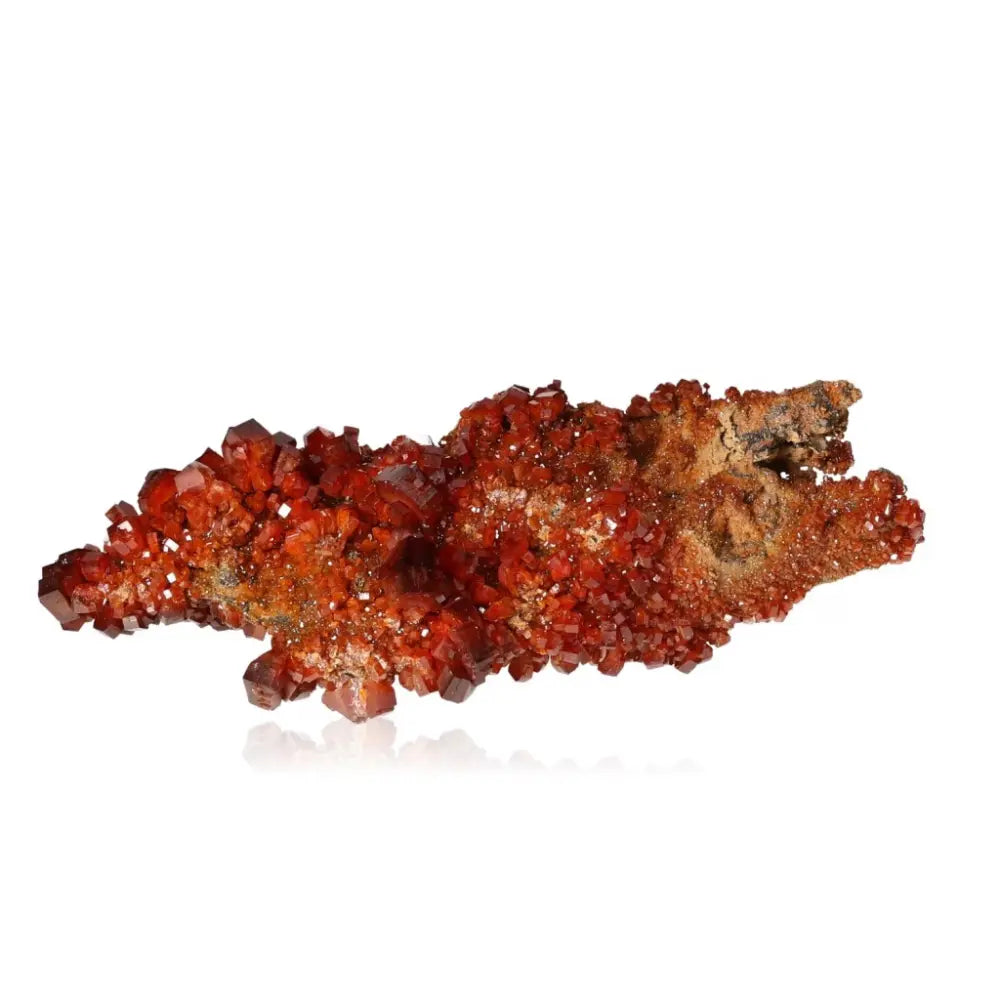 Vibrant red-orange Vanadinite druzy crystal specimen, showcasing unique formations, ideal for boosting focus and creativity.