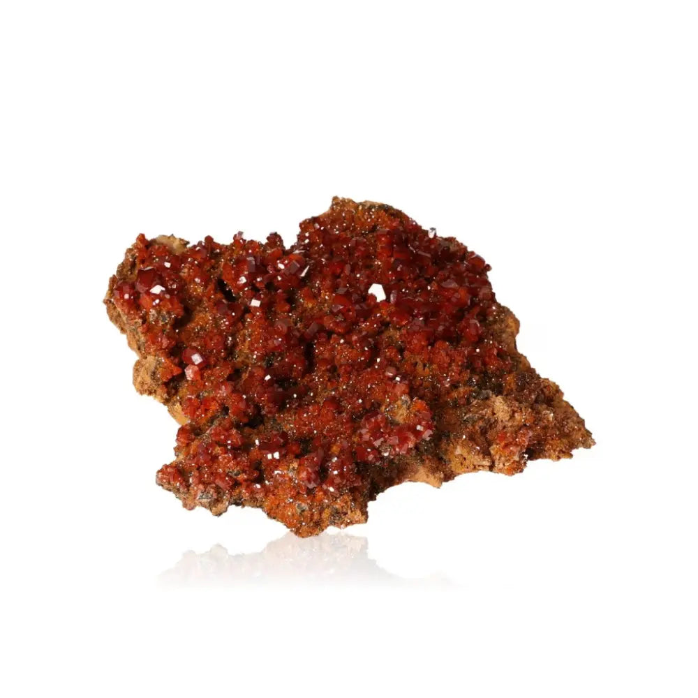 Vanadinite druzy mineral specimen with red-orange crystals, ideal for boosting creativity and focus.