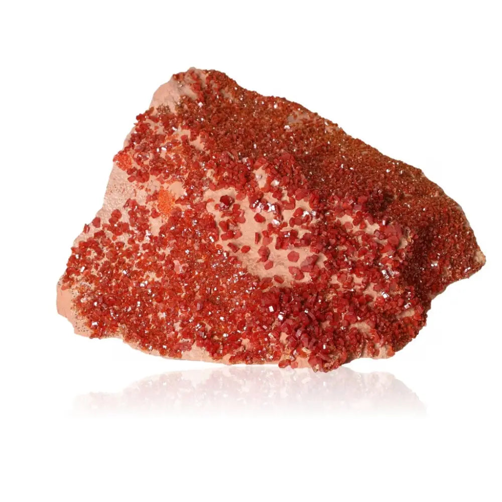 Vanadinite druze displaying vibrant red-orange crystal formations, ideal for enhancing focus and creativity. Perfect for collectors and creatives.