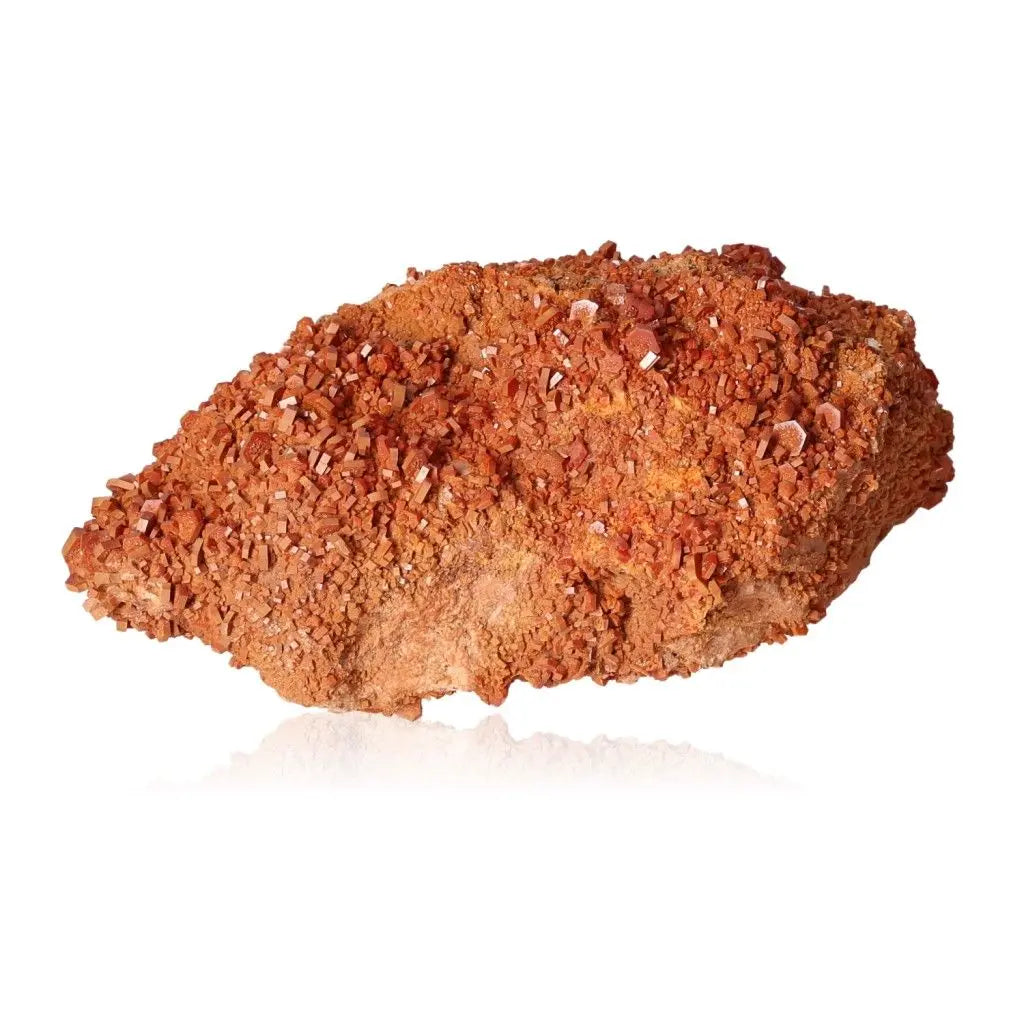 Vibrant red-orange vanadinite druzy with unique crystal formations, ideal for focus and creativity, displayed on a white background