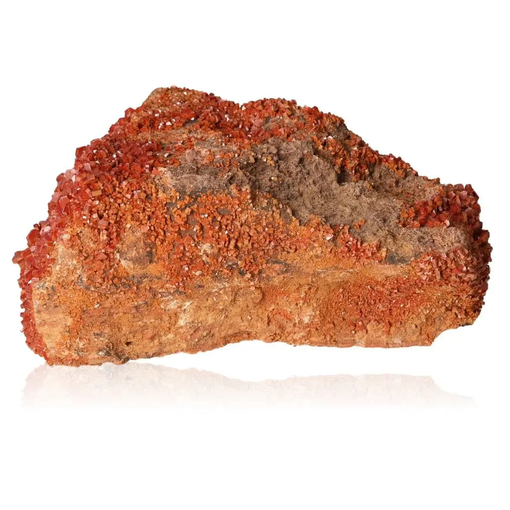 Vanadinite druze showcasing vibrant red-orange crystals, ideal for collectors seeking focus and creativity-enhancing properties.