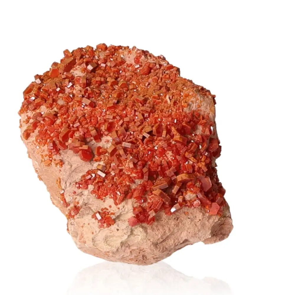 Vibrant Vanadinite druzes mineral showcasing red-orange hues and unique crystal formations for creativity and focus.