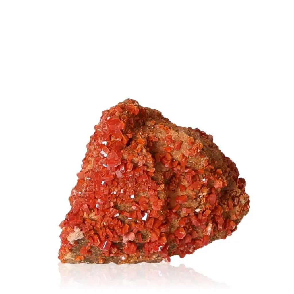 Vanadinite druzy mineral specimen with vibrant red-orange hues, ideal for collectors and enhancing creativity and focus.