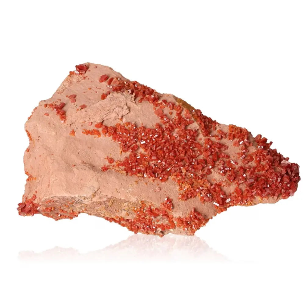 Vanadinite druze with vibrant red-orange crystals on rock, enhances focus and creativity, perfect for collectors and creatives.