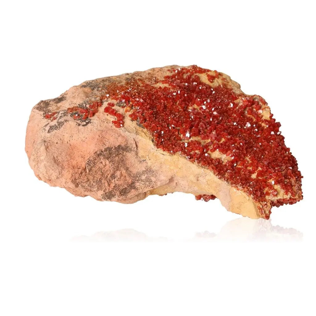 Vanadinite druzy stone displaying vibrant red-orange crystals, ideal for collectors and enhancing focus and creativity.