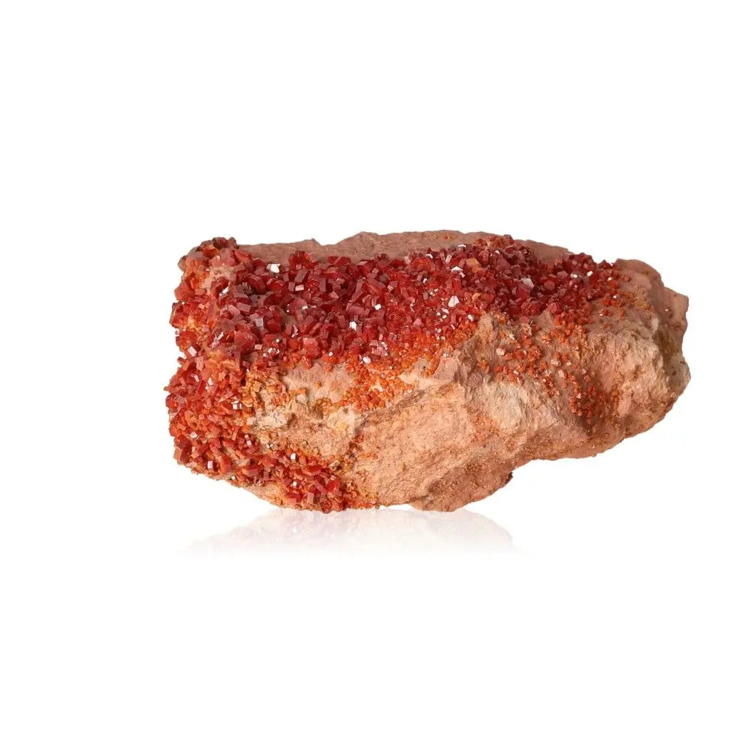 Vanadinite druze with red-orange hues, showcasing vibrant crystal formations, ideal for collectors and enhancing focus and creativity.