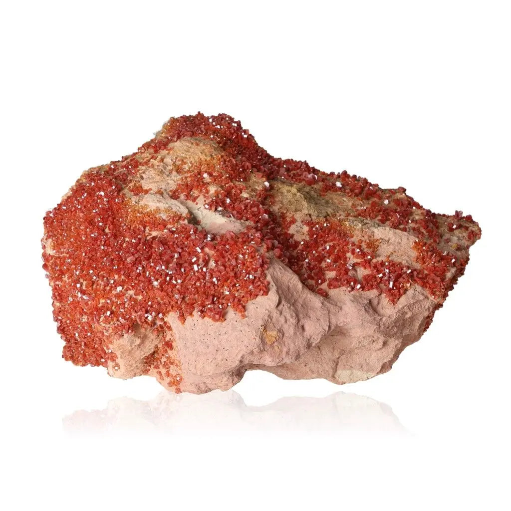 Vibrant red-orange vanadinite druzy on rock, ideal for focus and creativity enhancement, perfect for collectors and enthusiasts.