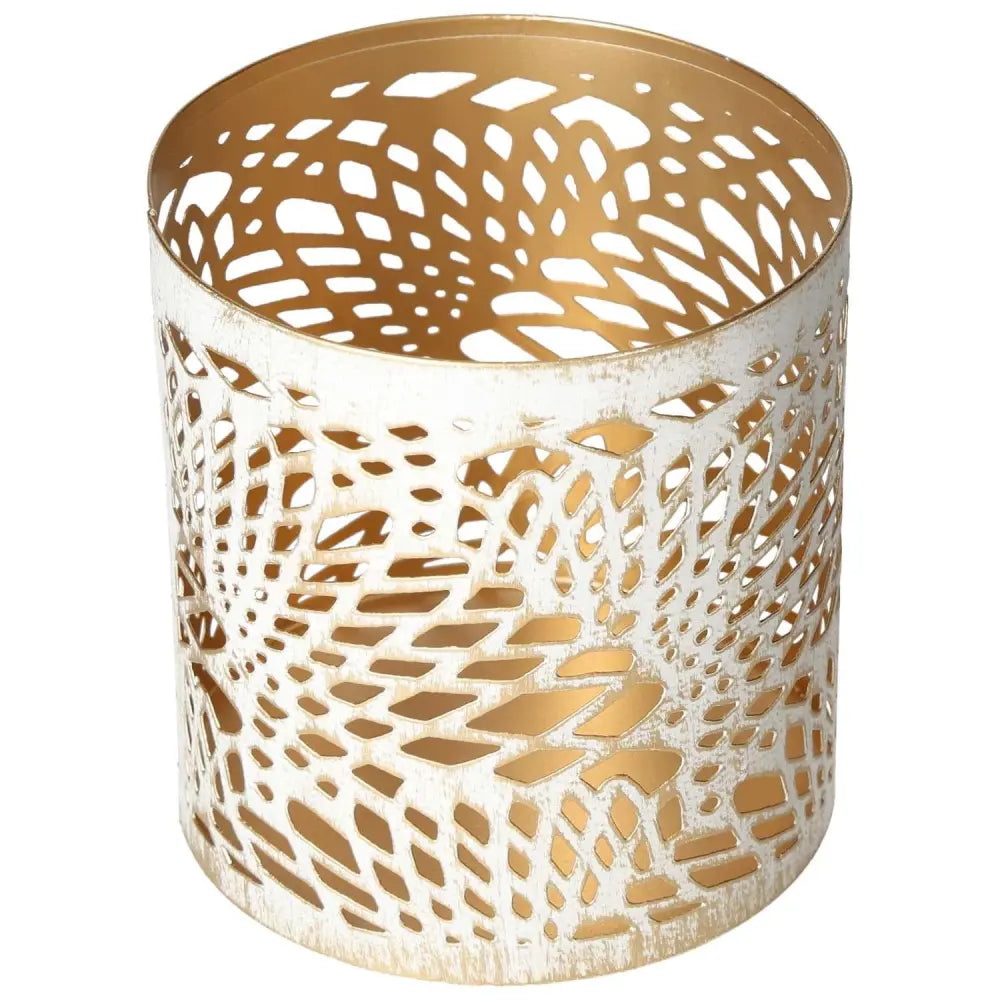 Elegant white metal lantern with intricate design, crafted by Sylvia Crystals, perfect for creating a serene ambiance in any setting.